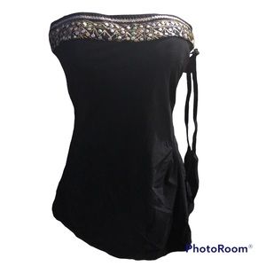 NWT Gortex Embellished Beaded Bandeau One Piece Lycra Swimsuit w/shirred Skirt